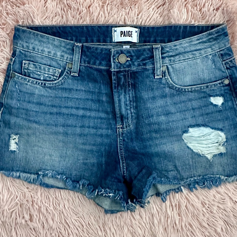 PAIGE Distressed Blue Jean Shorts